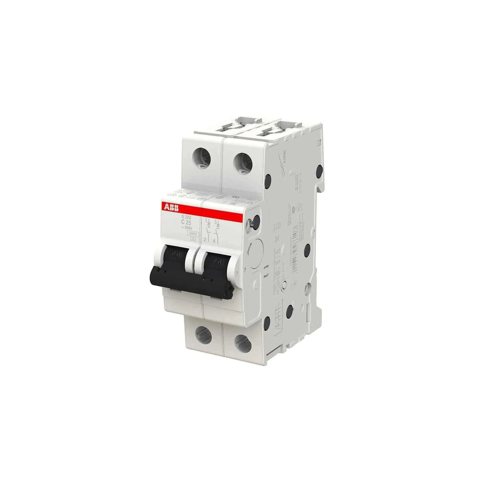 ABB S202-C25 two-pole miniature circuit breaker, 25A, type C, 6kA, white with red label and black toggles. UAE
