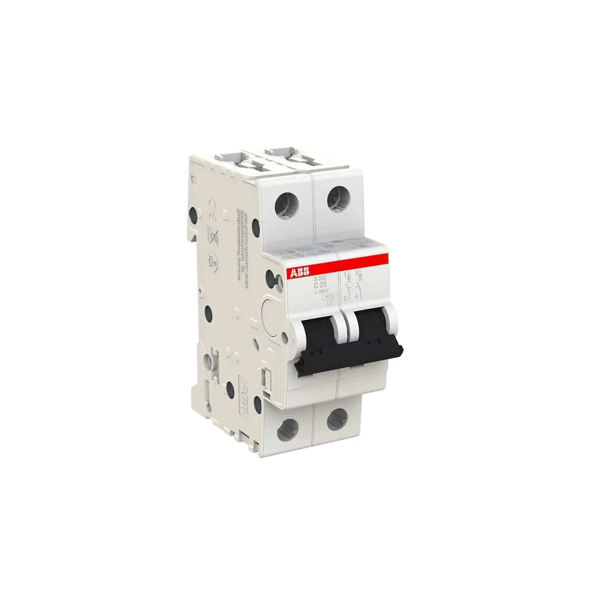 ABB S202-C25 2-pole miniature circuit breaker, 25A, Type C, 6kA, white unit with red ABB label, angled front view. UAE