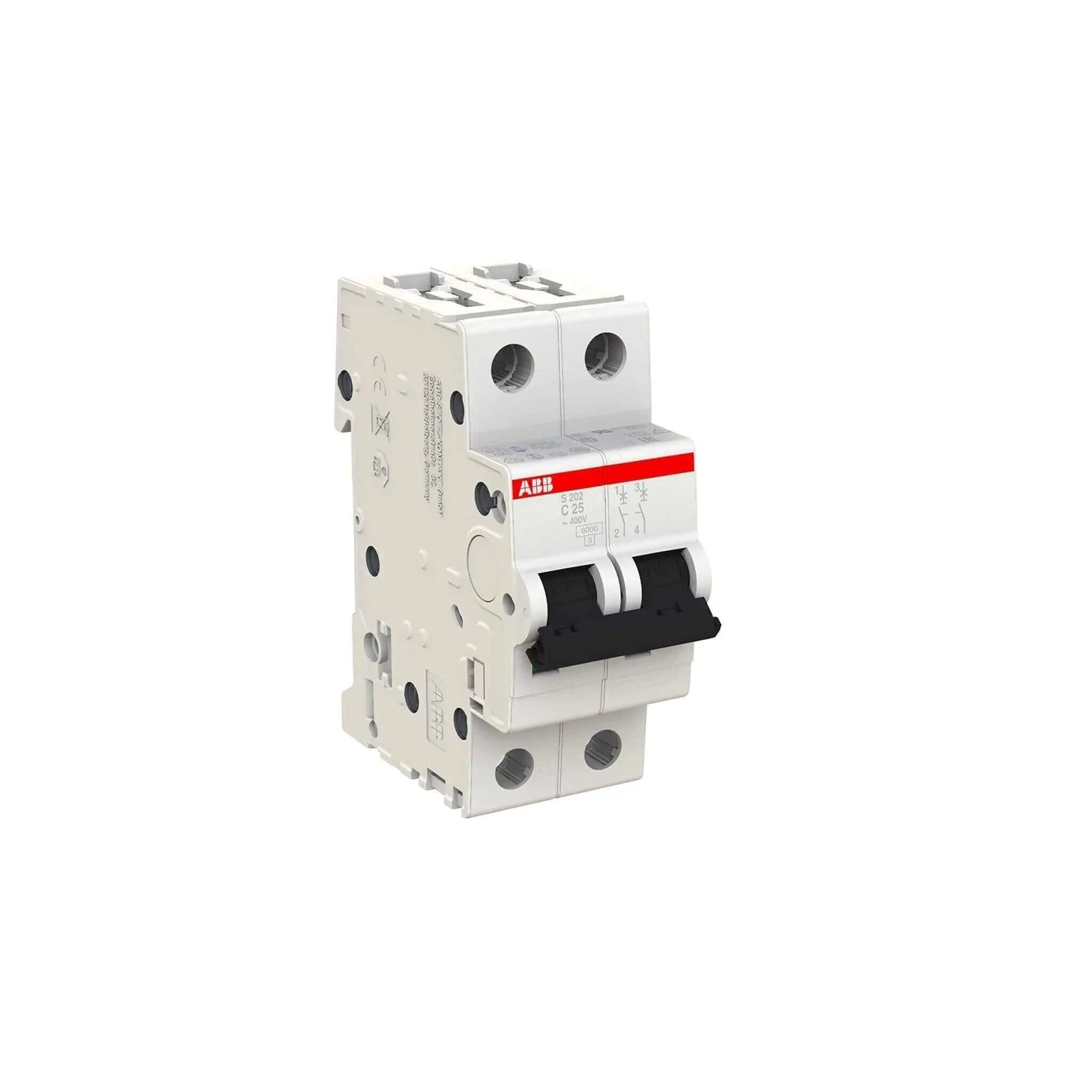 ABB S202-C25 2-pole miniature circuit breaker, 25A, Type C, 6kA, white unit with red ABB label, angled front view. UAE