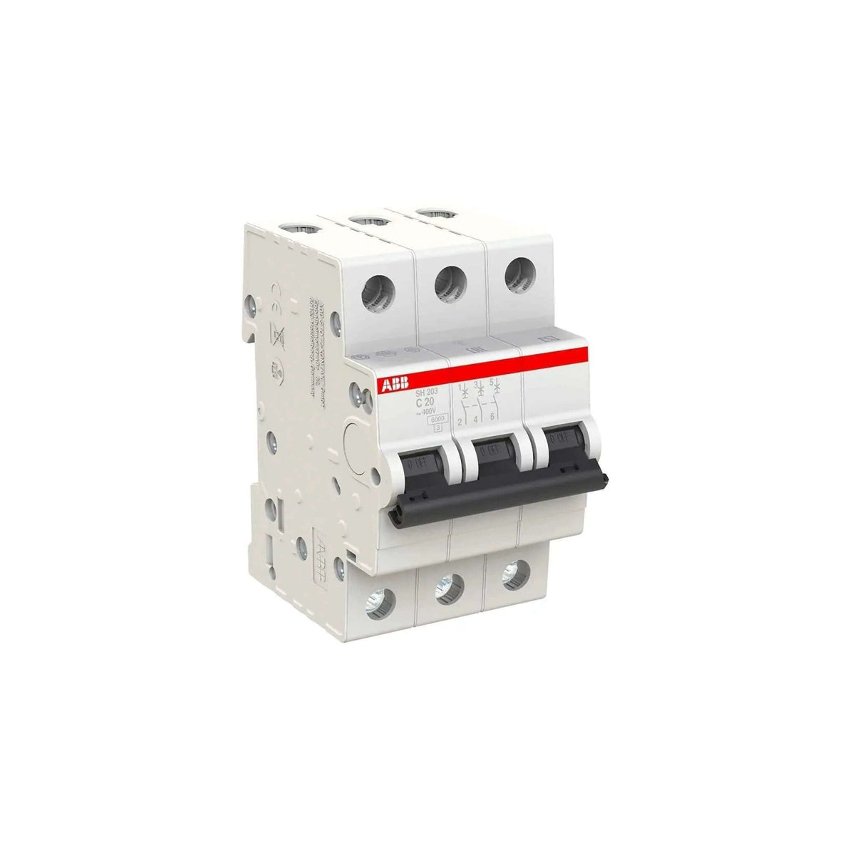 ABB SH203-C20 three-pole miniature circuit breaker, 20A, white with red branding UAE