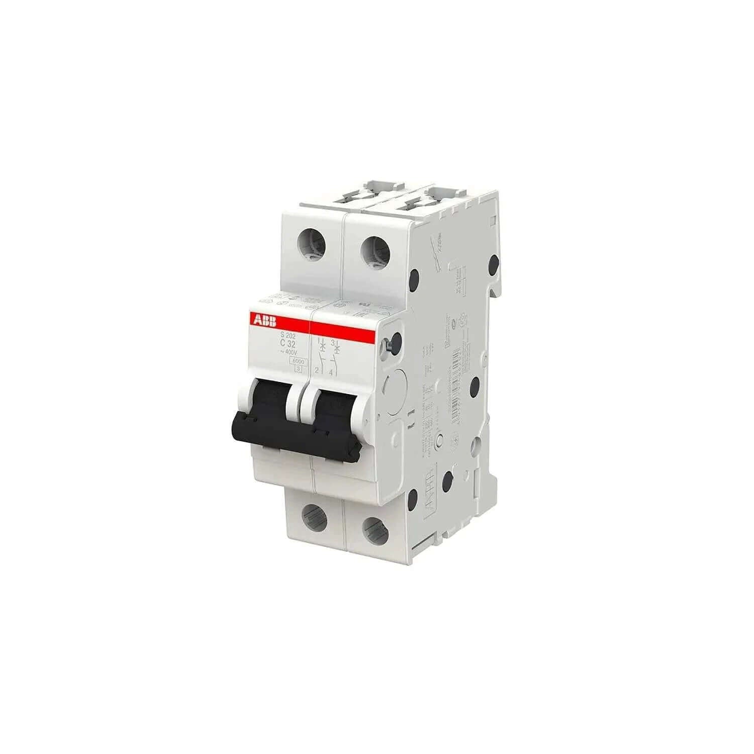 ABB S202-C32 miniature circuit breaker, white 2-pole MCB with red label and black toggle levers, 32 A. UAE