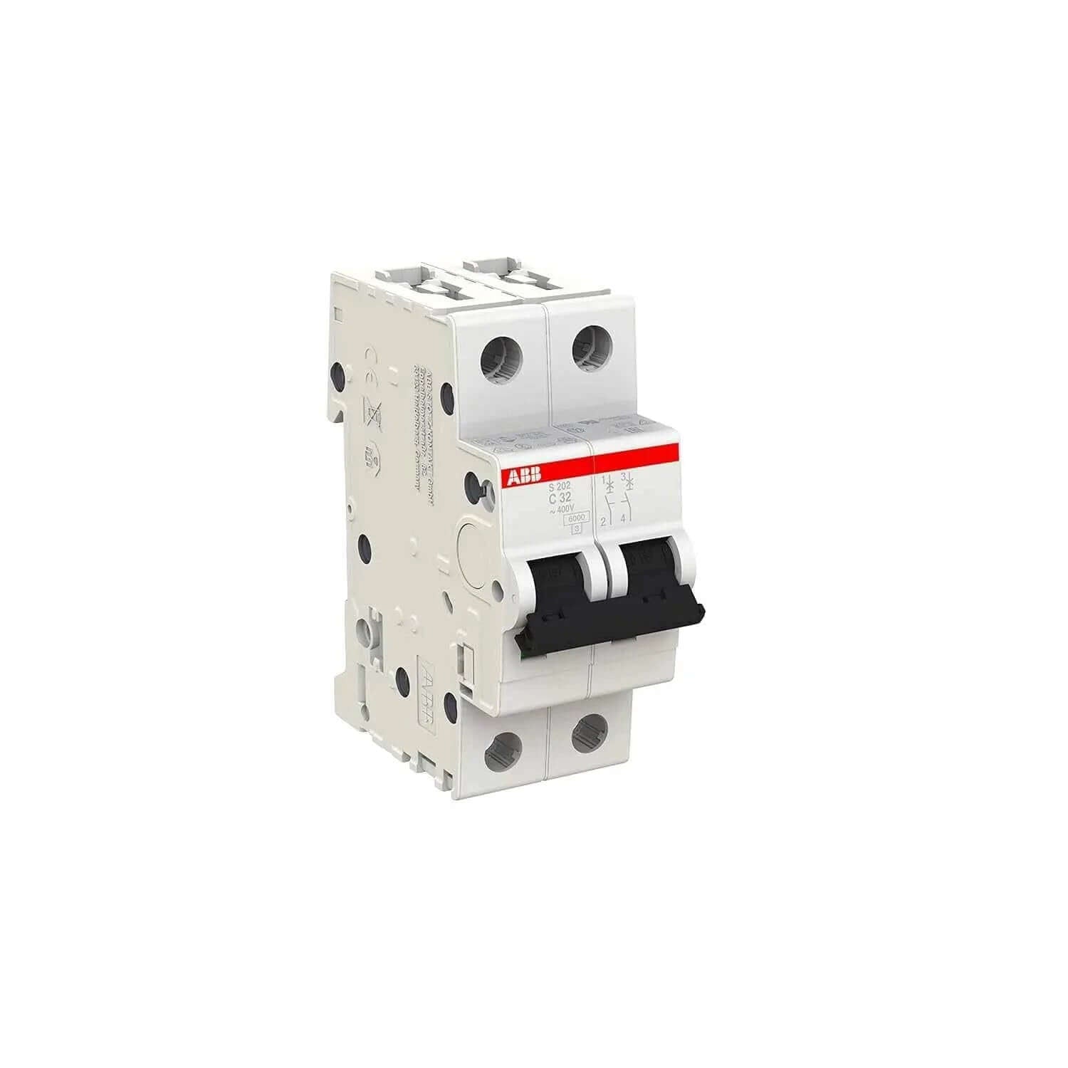 ABB S202-C32 2P miniature circuit breaker, white body with red branding, 32 A. UAE