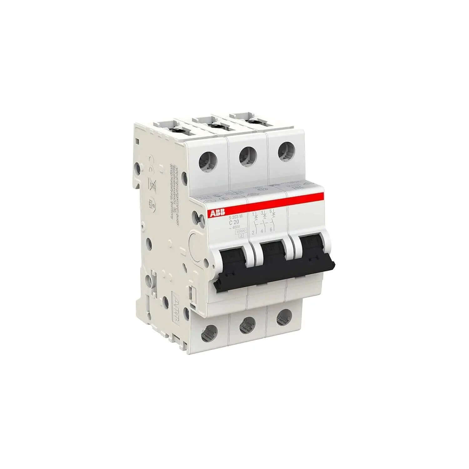 ABB S203M-C20 3-pole miniature circuit breaker, Type C, 20A, white body with red ABB stripe and black toggles UAE