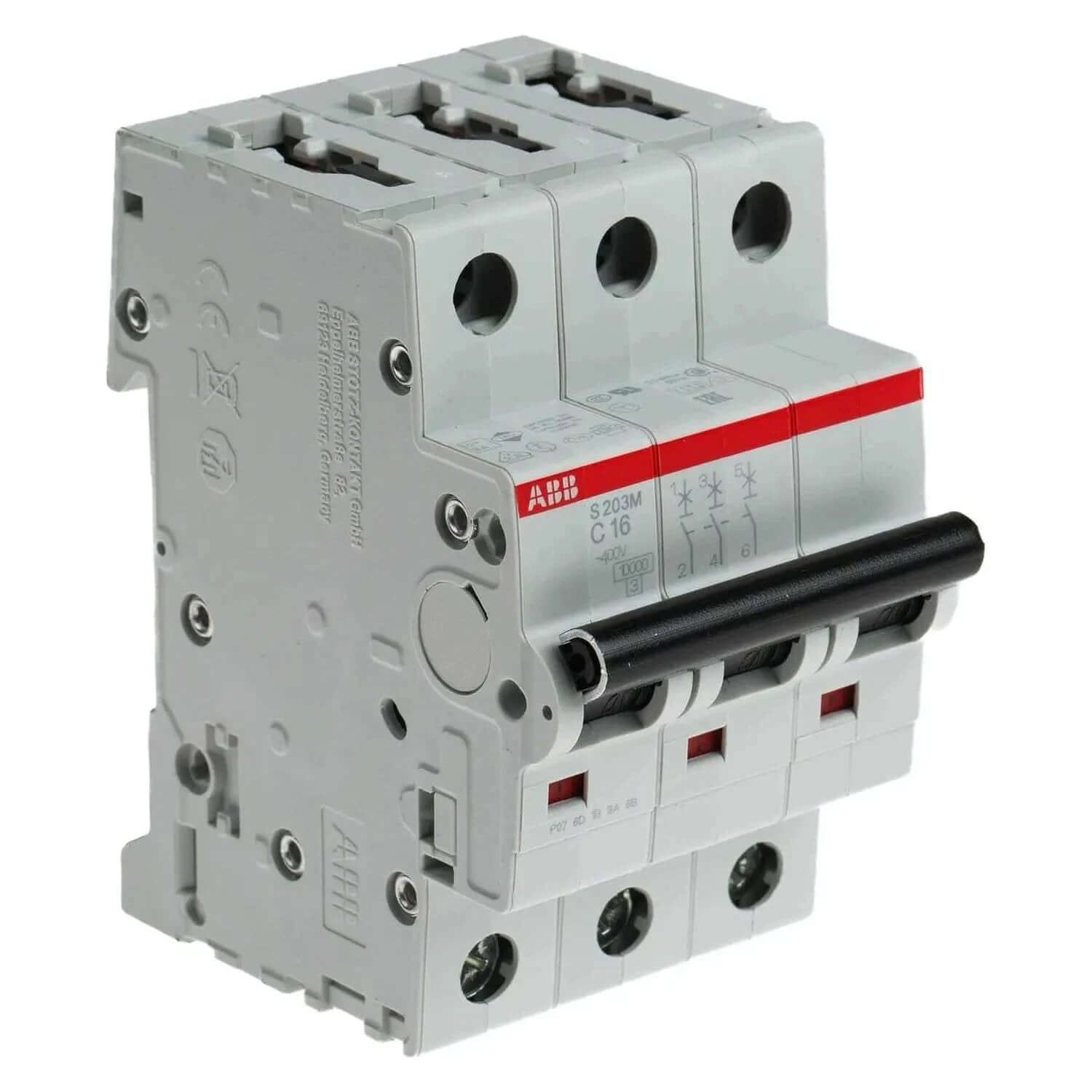 ABB S203M-C16 3-pole miniature circuit breaker, 16A 10kA, red ABB stripe, black toggle, front view UAE