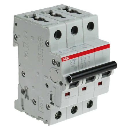 ABB S203M-C16 3-pole miniature circuit breaker, 16A 10kA, red ABB stripe, black toggle, front view UAE