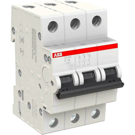 ABB SH203-C16 3-pole miniature circuit breaker, white with red ABB band, 16A, 6kA, front view UAE