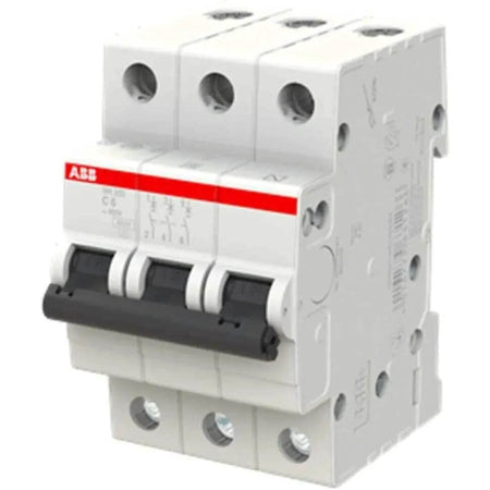 ABB SH203-C32 three-pole miniature circuit breaker, 32A Type C, front view with three toggles and red ABB stripe. UAE