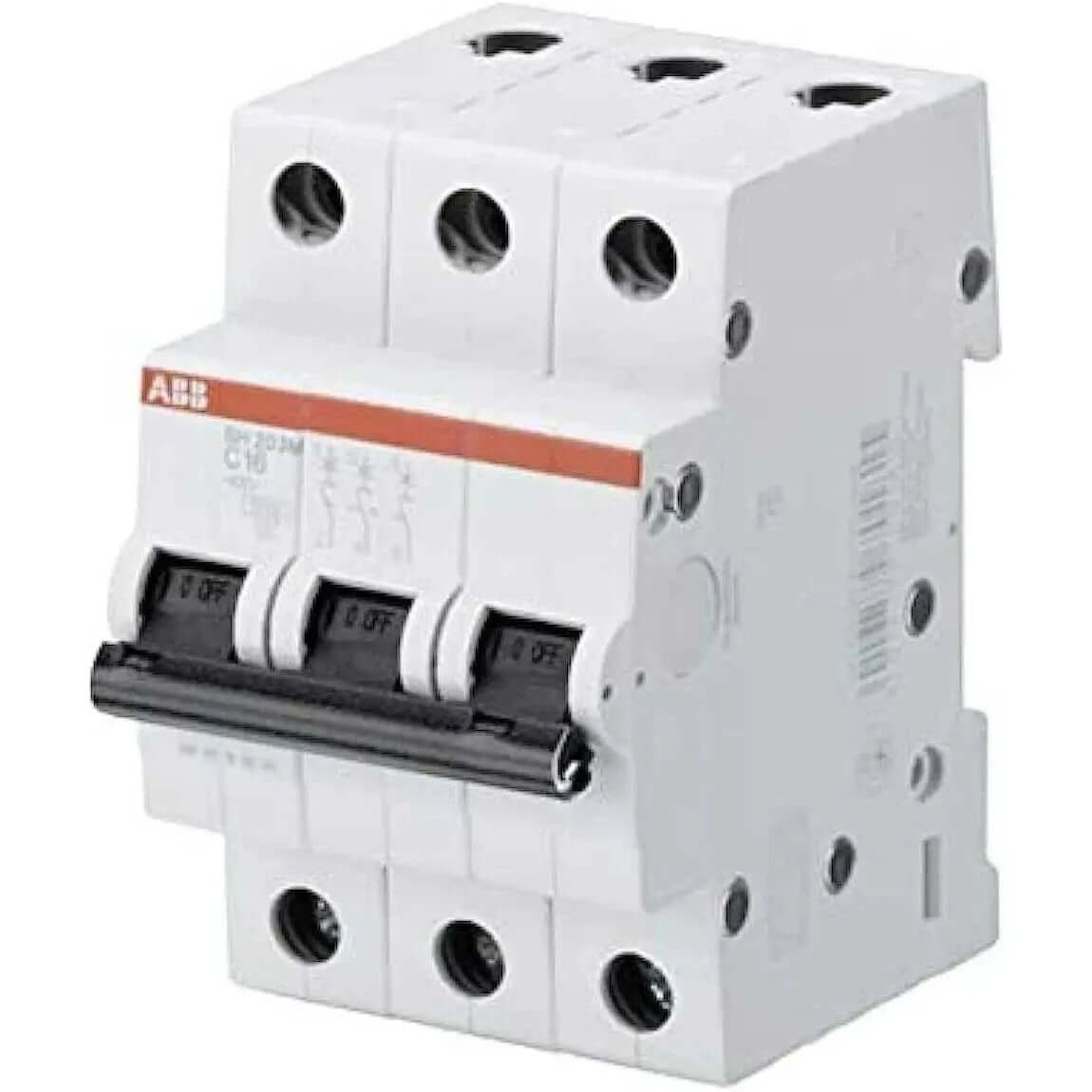 ABB SH203M-C63 three-pole miniature circuit breaker, 63A, 10kA, white with orange stripe, front view. UAE