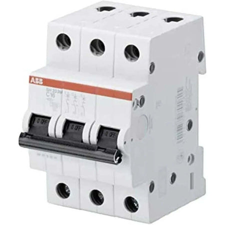 ABB SH203M-C63 three-pole miniature circuit breaker, 63A, 10kA, white with orange stripe, front view. UAE