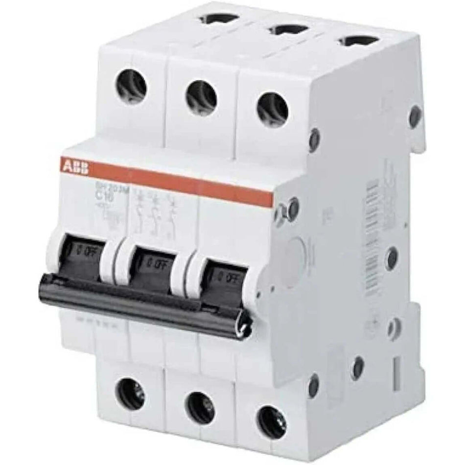 ABB SH203M-C63 three-pole miniature circuit breaker, 63A, 10kA, white with orange stripe, front view. UAE