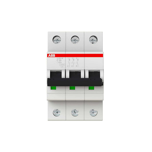 ABB S203M-C20 Miniature Circuit Breaker, 3 Pole, Type C, 10kA/15kA Breaking Capacity, 20 Amp Current (2CDS273001R0204) - Deluxe Electricals