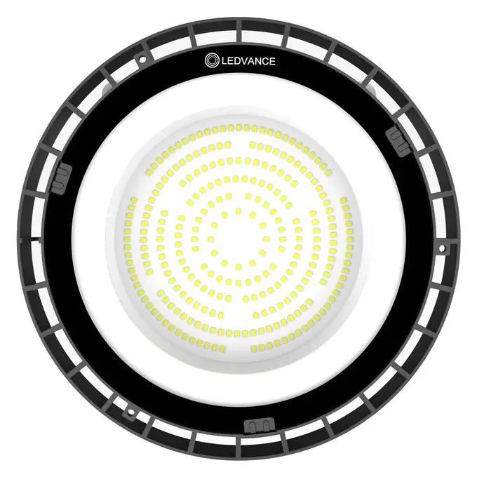 Ledvance LED Value Highbay 150W G2 6500K; circular ceiling light with black outer ring and dense white LED array.