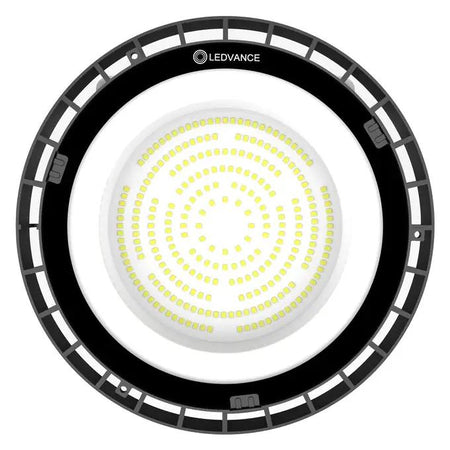 Ledvance LED Value Highbay 150W G2 6500K; circular ceiling light with black outer ring and dense white LED array.