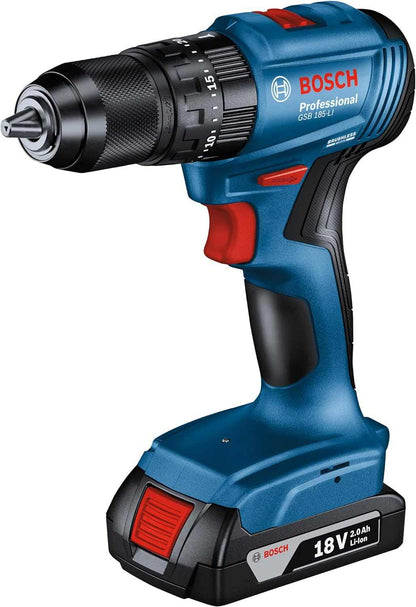 Bosch Professional GSB 185-LI 18V Impact Drill (2x2.0 Ah, GAL 18V-20, 23 pcs Accessories) - Deluxe Electricals