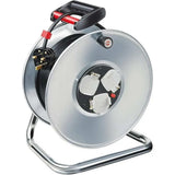 Brennenstuhl Garant Steel 13A 3-way socket cable reel, silver metal frame with black handle and three outlet sockets UAE