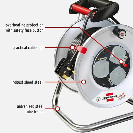 Brennenstuhl Garant Steel 13A 3-way socket Cable Reel with galvanized steel frame and red carrying handle UAE
