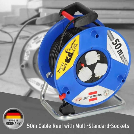 Alt Tag: Brennenstuhl PVC Garant 50 yard 3 way Extension Cable Reel 13A blue heavy-duty 50m cable reel with 3 sockets on meta