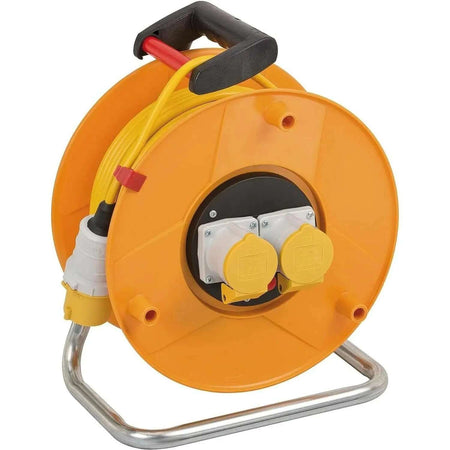 Brennenstuhl Garant 110V CEE cable reel, orange with dual yellow outlets and built-in stand, model 1138873 UAE