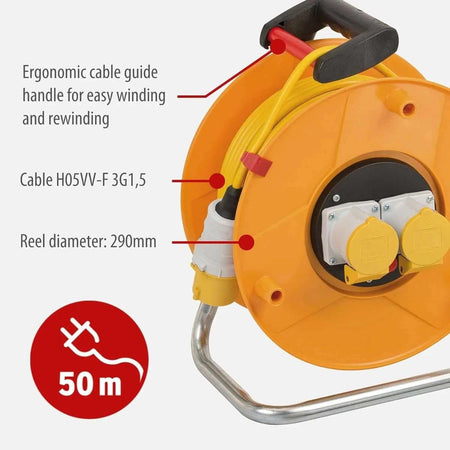 Brennenstuhl Garant 110V CEE 2 cable reel with 50 m yellow H05VV-F 3G1,5 cable, orange body, ergonomic handle UAE