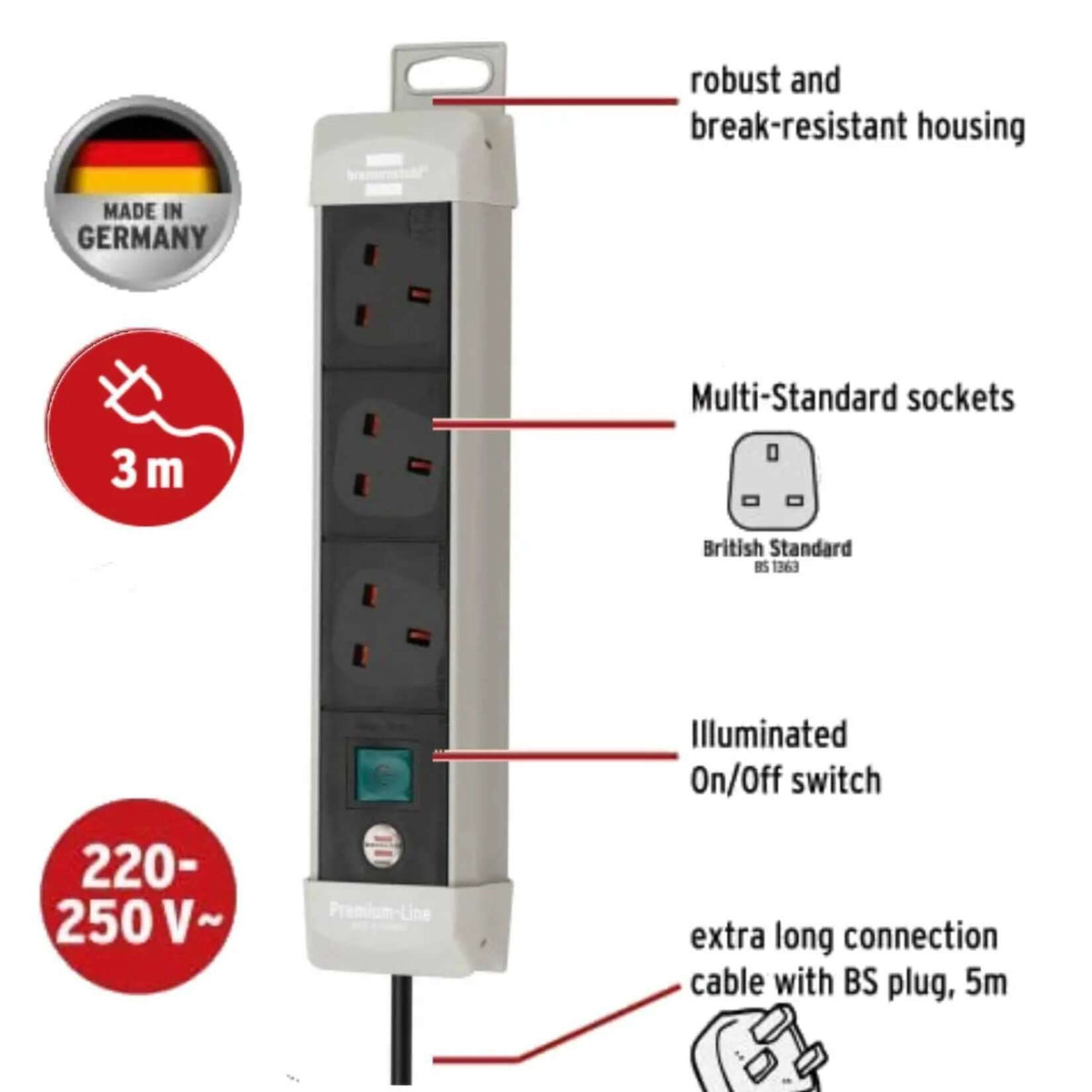 Brennenstuhl Premium Line Multistandard 13A 3-way extension cord, 5m, black/grey, front view with three sockets and on/off sw