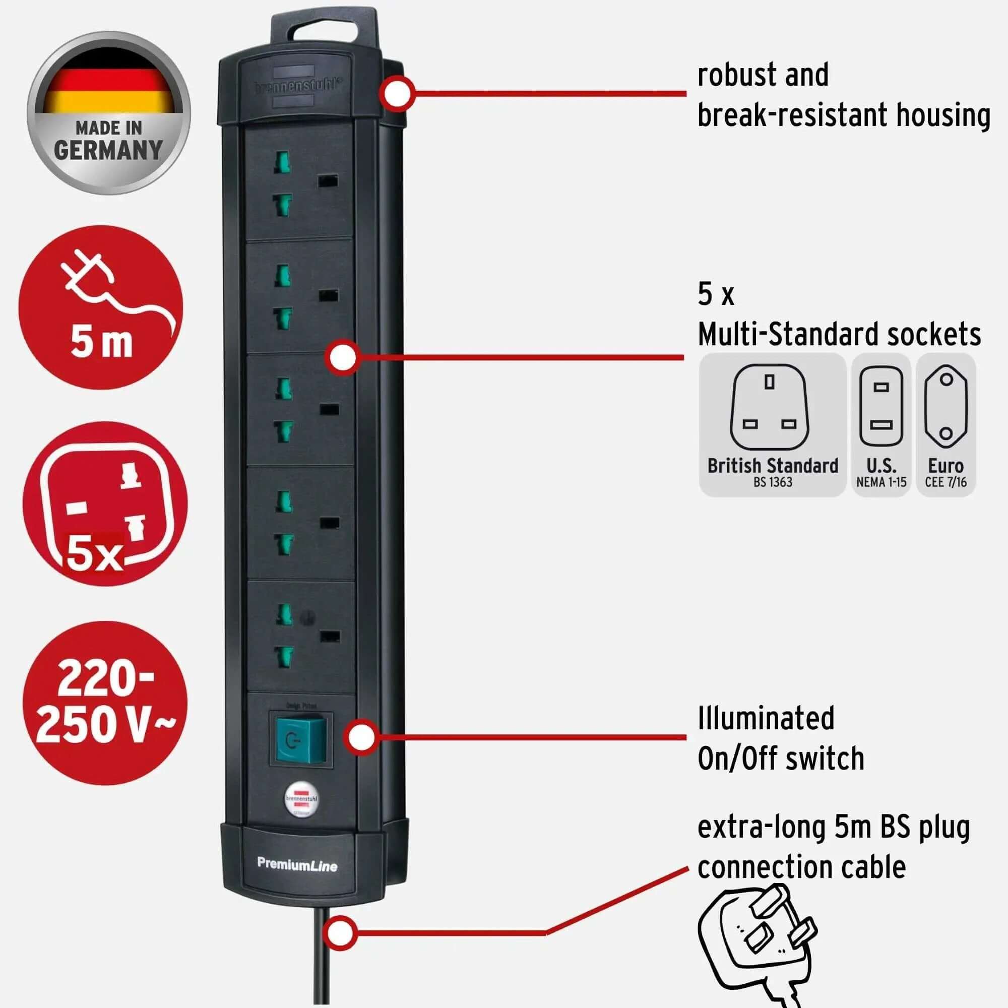 Brennenstuhl Premium-Line Multistandard 5‑way extension lead with 5 m universal cable and front on/off switch UAE