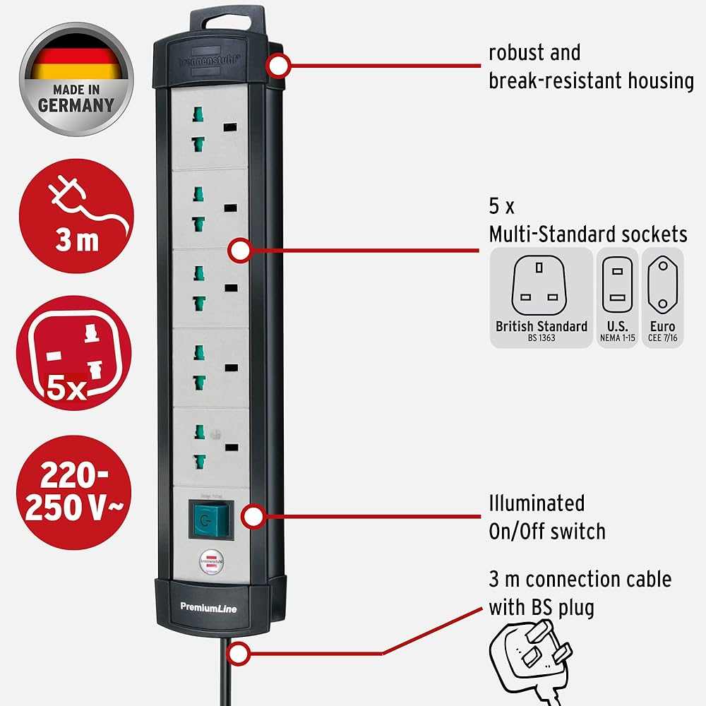 Brennenstuhl Premium Line Multistandard, Made in Germany, Black/Light-grey, 5-way / 3m - Deluxe Electricals