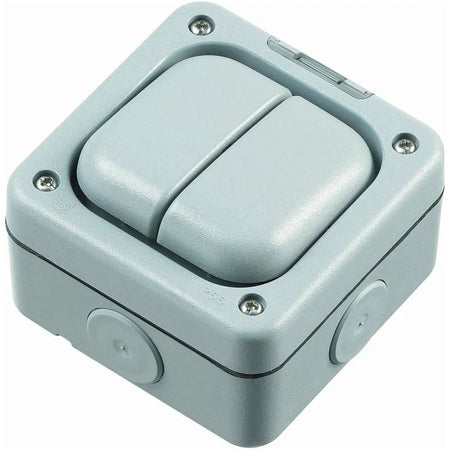 MK Electric Masterseal Plus K56402RY 10A 2-Gang single-pole 1-Way weatherproof switch, front view. UAE