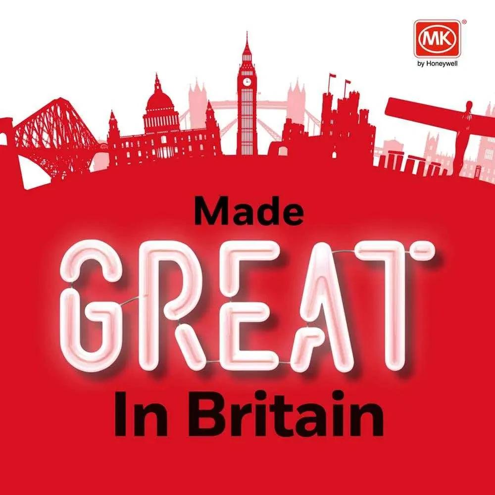 MK Masterseal Plus K56402RY 10A banner showing Made Great In Britain, red background, skyline silhouettes, and MK logo. UAE