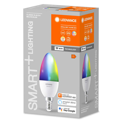 LEDVANCE Smart LEDLamp with WiFi Technology, Base: E14, Di mmable, Tunable White (2700-6500K), RGB Colors Changeable, Replaces Incandescent Lamps with 40 W, SMART+ WiFi Candle Multicolour, 1-Pack - Deluxe Electricals