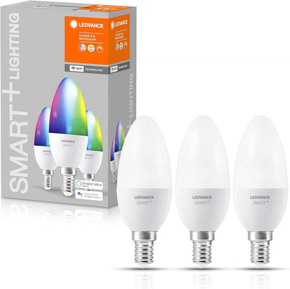 LEDVANCE Smart LEDLamp with WiFi Technology, Base: E14, Di mmable, Tunable White (2700-6500K), RGB Colors Changeable, Replaces Incandescent Lamps with 40 W, SMART+ WiFi Candle Multicolour, 1-Pack - Deluxe Electricals