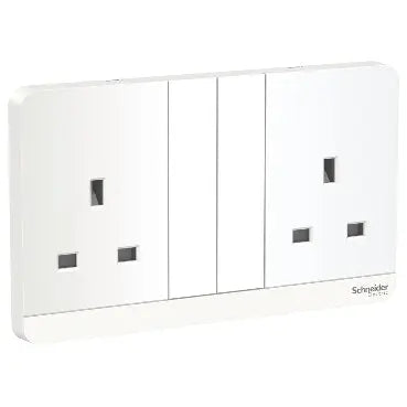 Schneider AvatarOn 13A 2-Gang Switched Socket, White (E83T25_WE) - official Schneider Electric product photo, alternate studio rendition