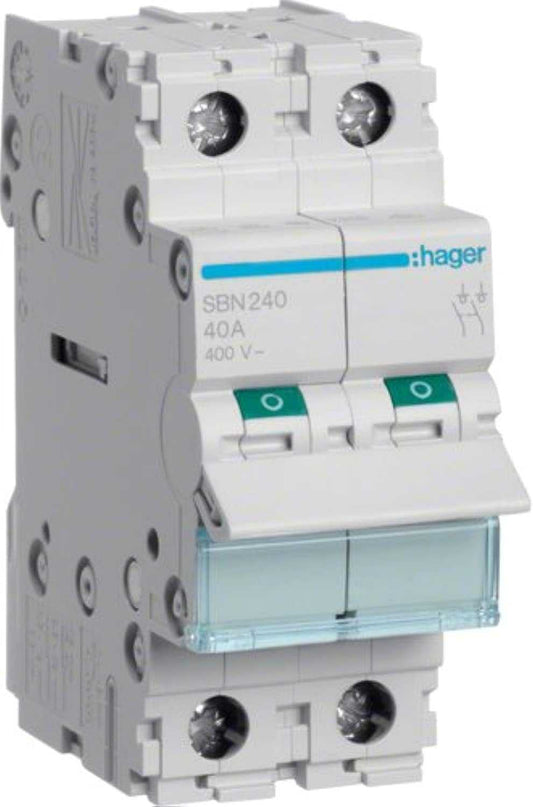 Hager 2Pole 40A Isolator Modular Break Switch SBN241N/SBN240 - Deluxe Electricals