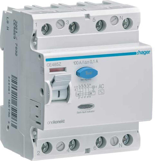 Hager Ce485Z 100A 4Pole 100Ma Earth Leakage Circuit Breaker (Elcb/Rccb) - Deluxe Electricals
