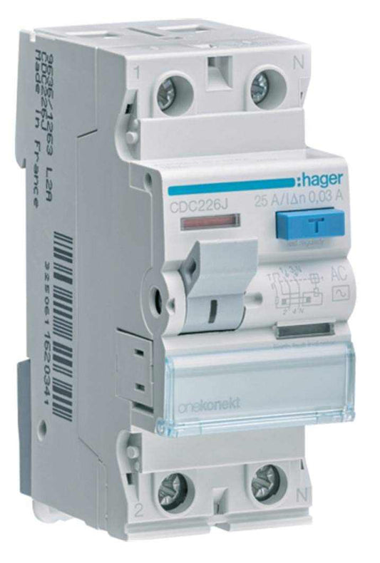 HAGER Earth Leakage Circuit Breaker 25A 2P 30MA ELCB CDC226J RCCB *ONEKONEKT* - Deluxe Electricals
