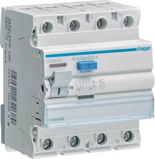 Hager Earth Leakage Circuit Breaker - 40A 4Pole 30MA (ELCB/RCCB) CDC441J - Deluxe Electricals