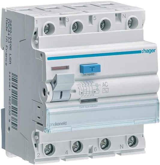 Hager Earth Leakage Circuit Breaker - 63A 4Pole 100MA (ELCB/RCCB) CEC464J - Deluxe Electricals