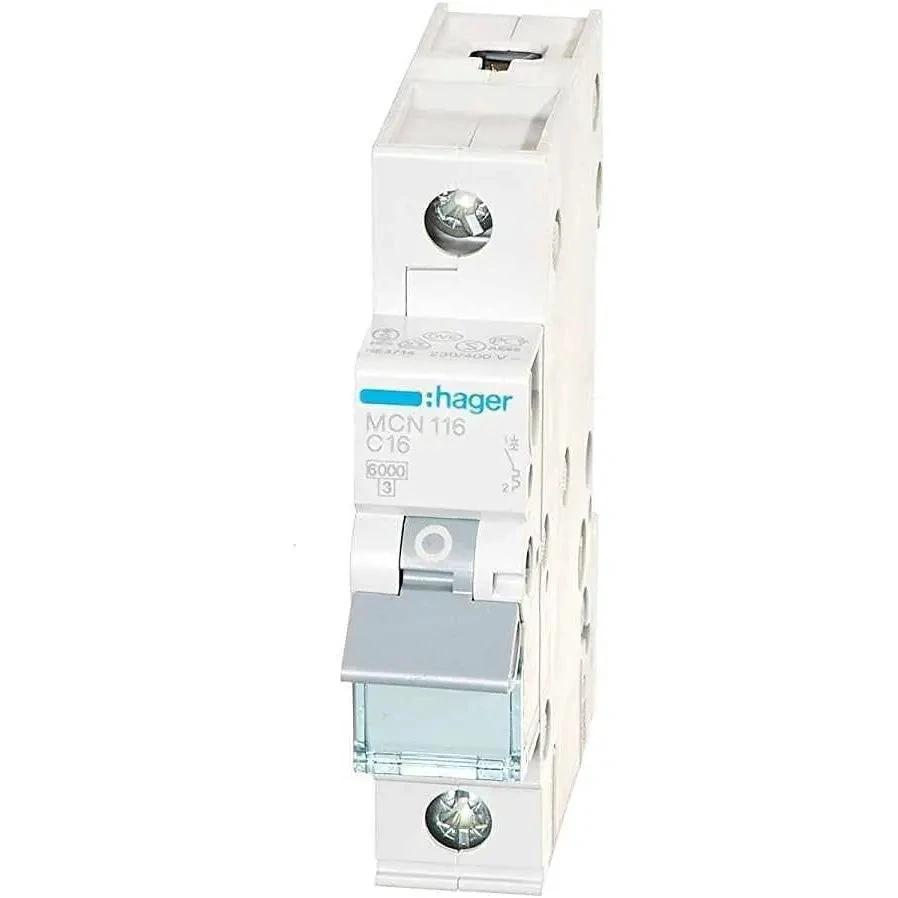 Hager 1-pole miniature circuit breaker, white body with blue Hager logo, front view, Made in France. UAE