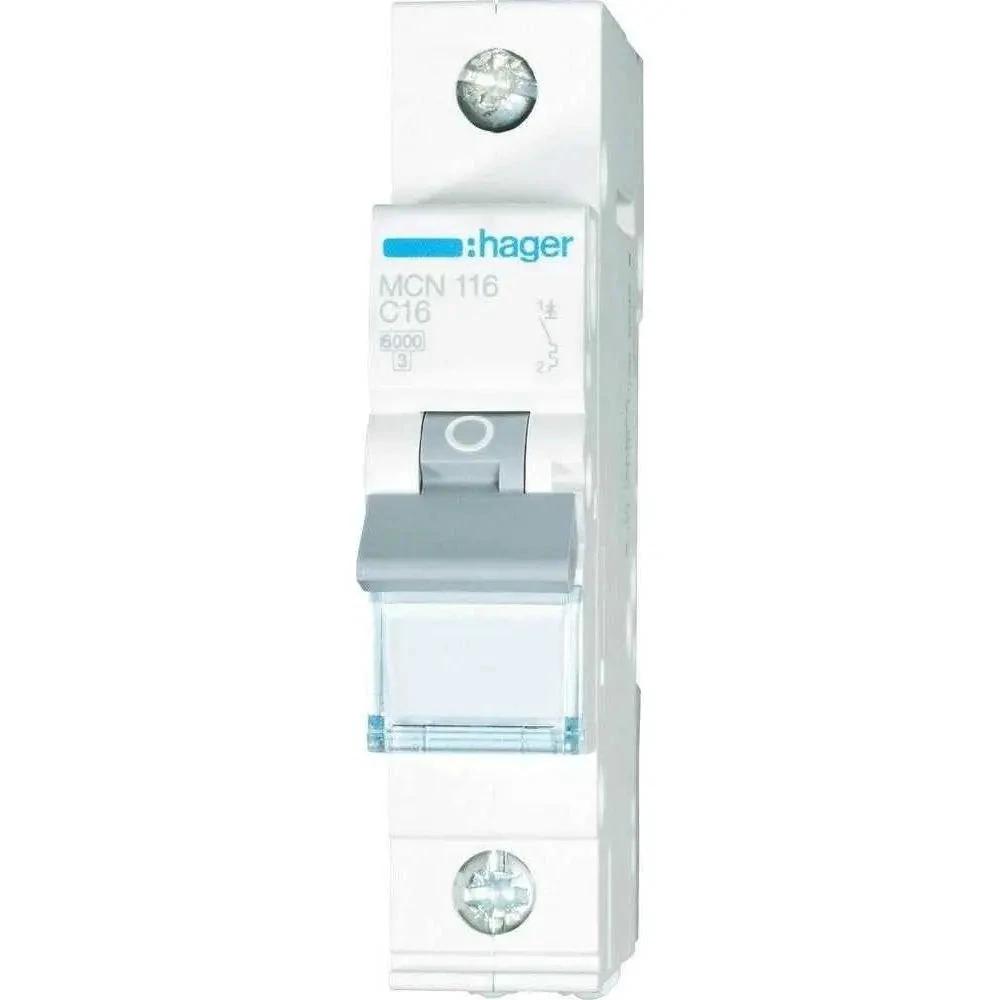 Hager 1-pole miniature circuit breaker in white housing, front view with gray toggle and blue Hager logo. UAE
