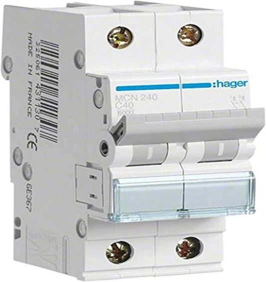 Hager Miniature Circuit Breaker Double Pole 40A 6Ka Dp Mcb Type C MCN240 - Deluxe Electricals