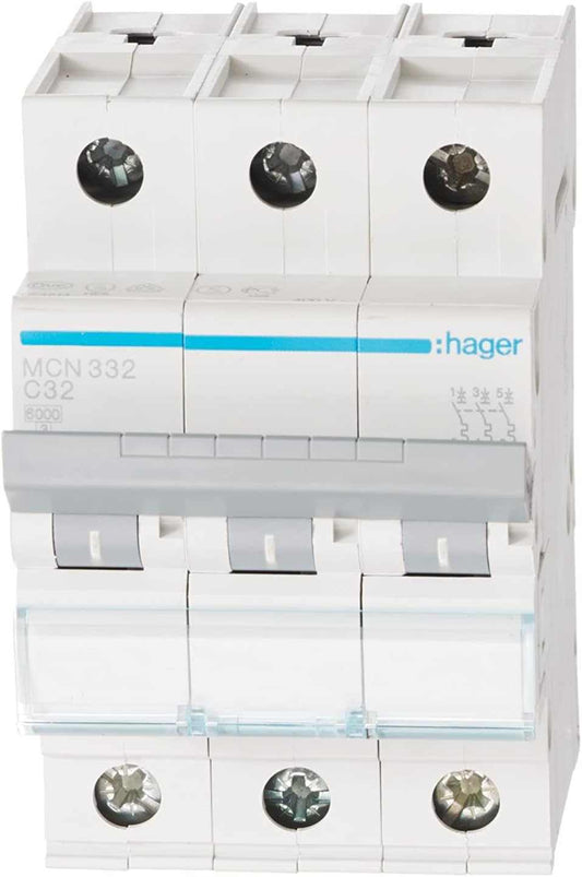 Hager Miniature Circuit Breaker Three Pole 32A 6Ka Tp Mcb Type C MCN332 - Deluxe Electricals