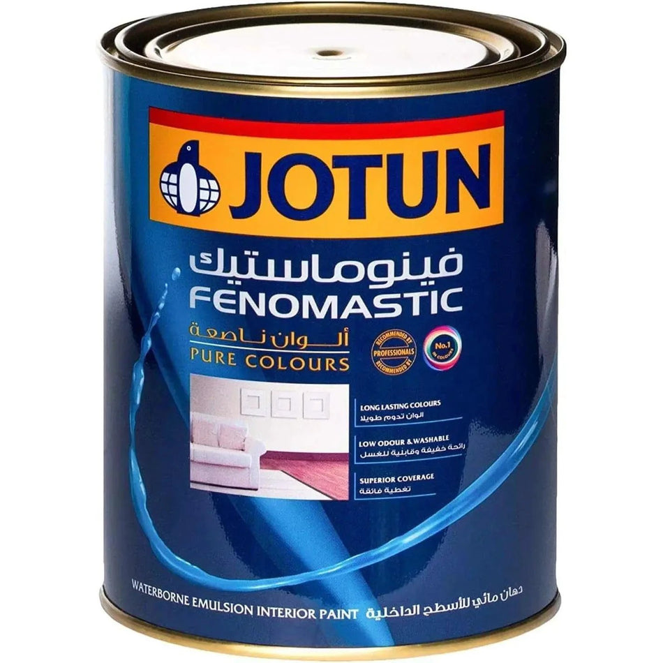 Jotun Fenomastic Emulsion Matt interior paint can, 1 L, blue label with Jotun logo. UAE