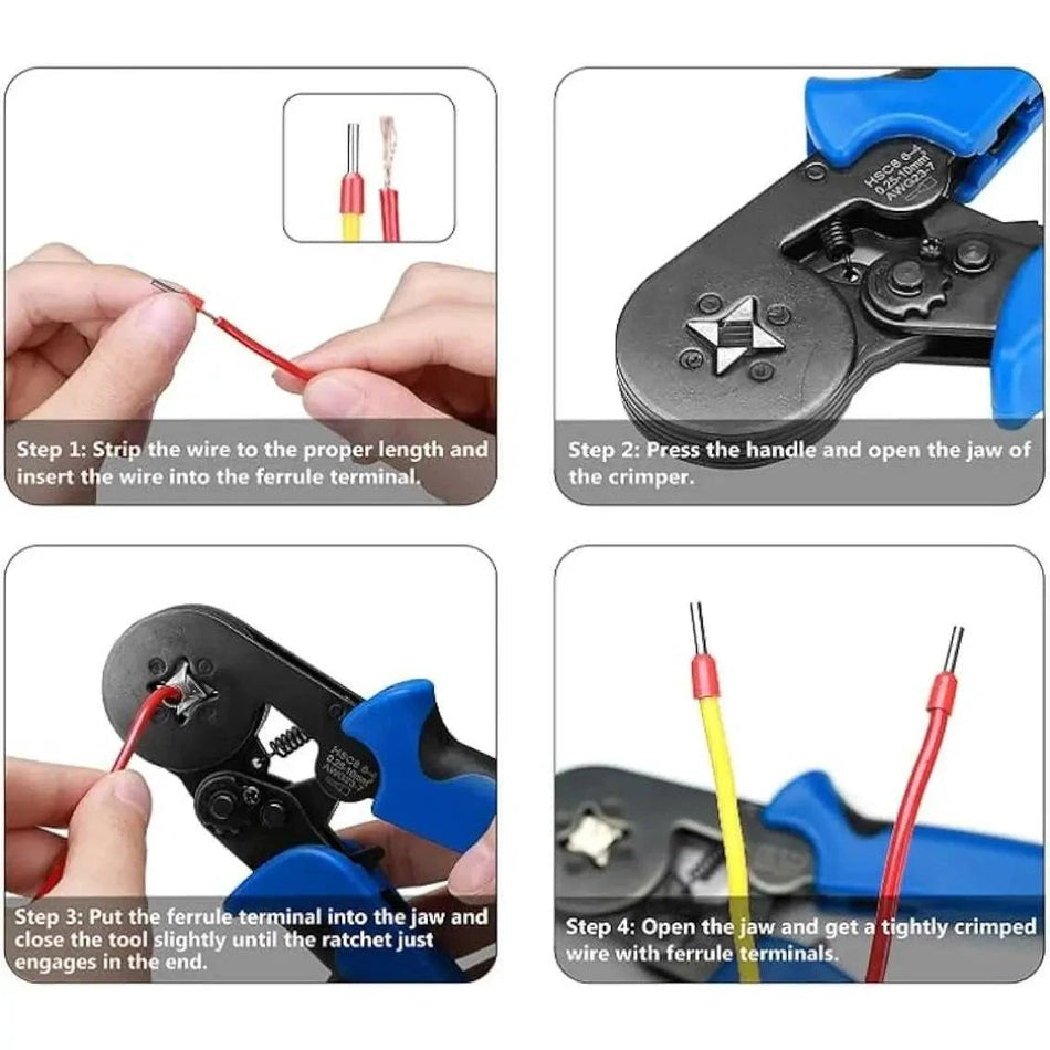 Kistenmacher insulated ferrules kit with red/yellow ferrules and blue crimp tool; four-panel wiring crimping collage. UAE