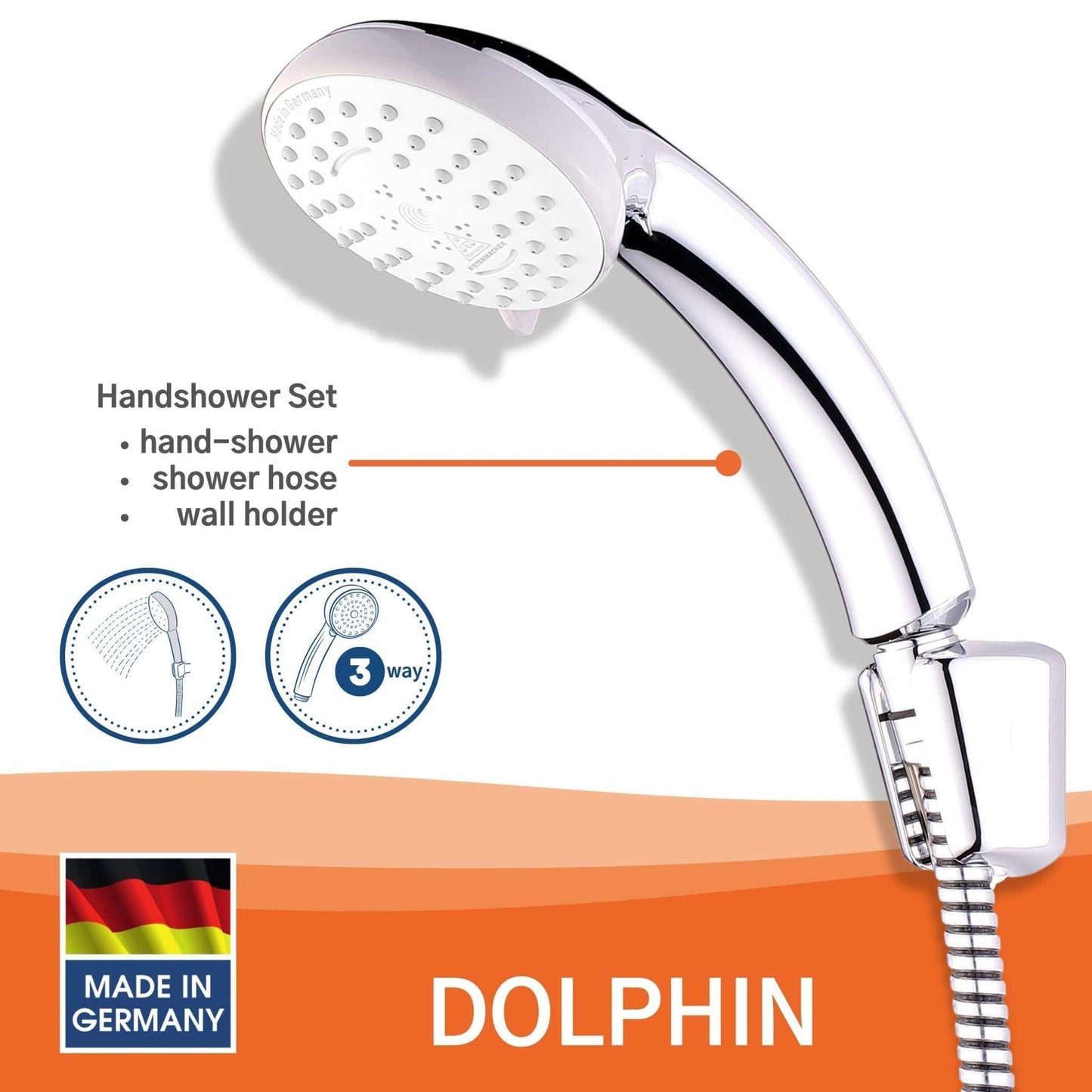 Kistenmacher Handshower Set Dolphin, 3-way shower head with hose and wall holder - Deluxe Electricals