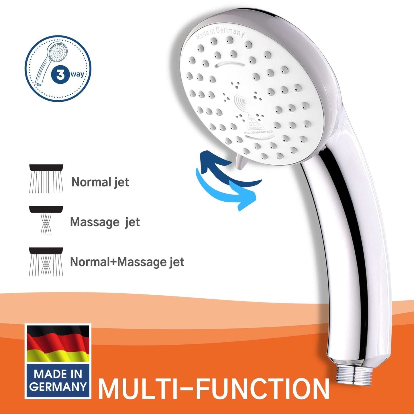 Kistenmacher Handshower Set Dolphin, 3-way shower head with hose and wall holder - Deluxe Electricals