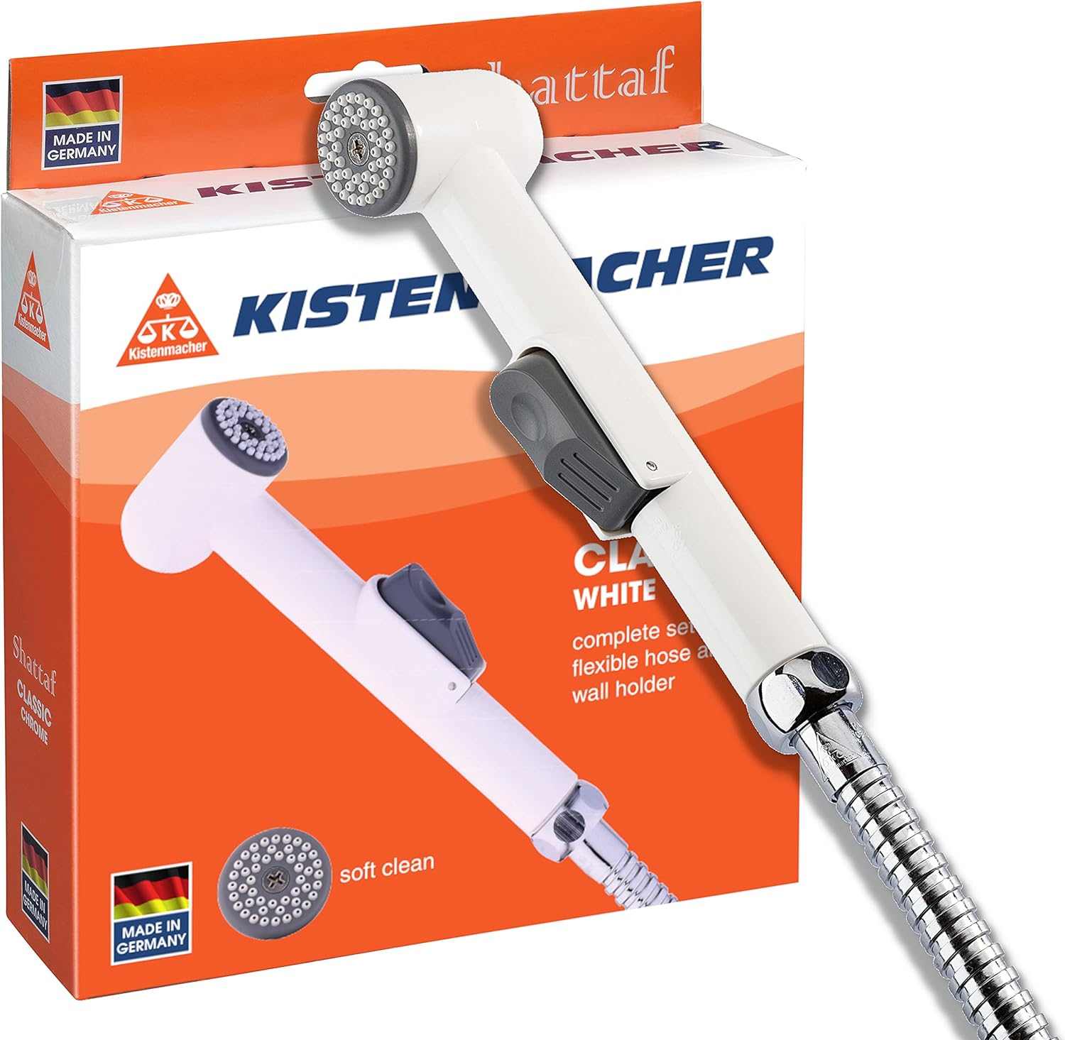 Kistenmacher Shattaf Toilet Spray Classic, White, Set with bidet handle, 100 cm flexible hose and wall holder - Deluxe Electricals