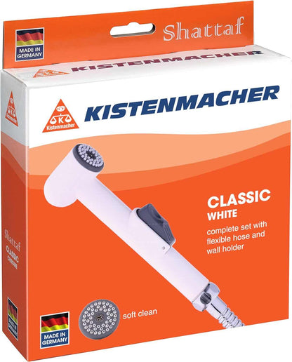 Kistenmacher Shattaf Toilet Spray Classic, White, Set with bidet handle, 100 cm flexible hose and wall holder - Deluxe Electricals