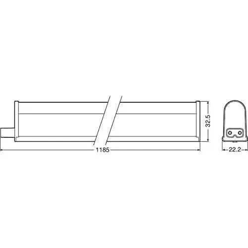 Ledvance LED Value Batten 4ft 13W Gen3 T5 with connection cable; front/side drawing showing 118.5 cm length UAE