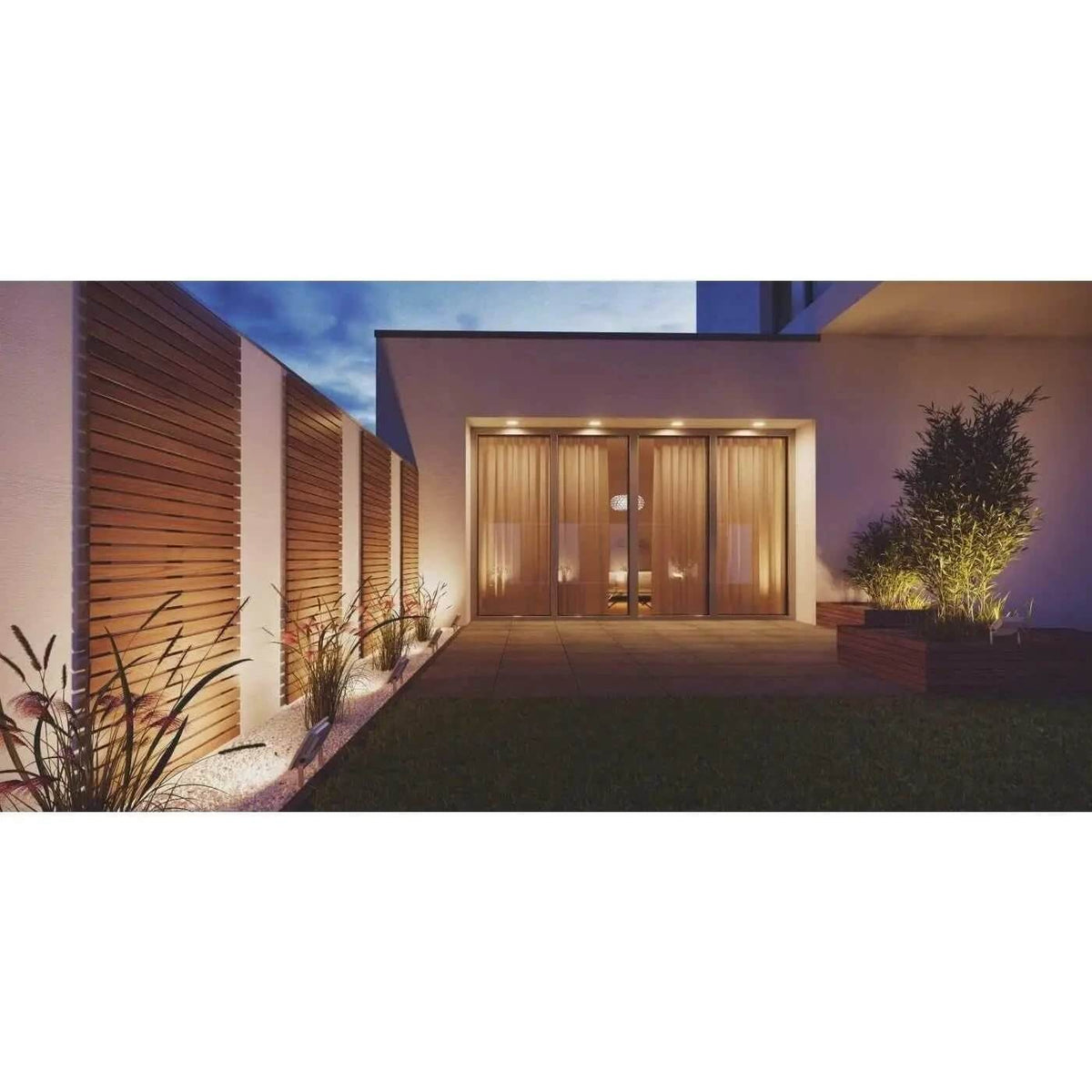 Ledvance LED Eco Lite Floodlight 100W G2 IP65, exterior wall floodlight lighting a modern patio and garden. UAE