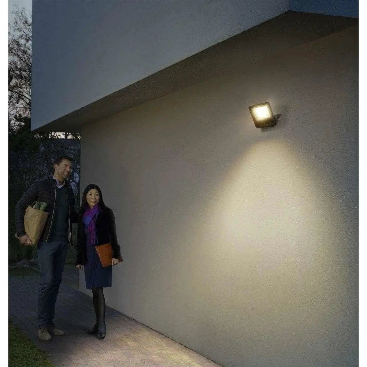 Ledvance LED Eco Lite Floodlight 50W G2 exterior wall light casting a warm beam on the wall at night. UAE