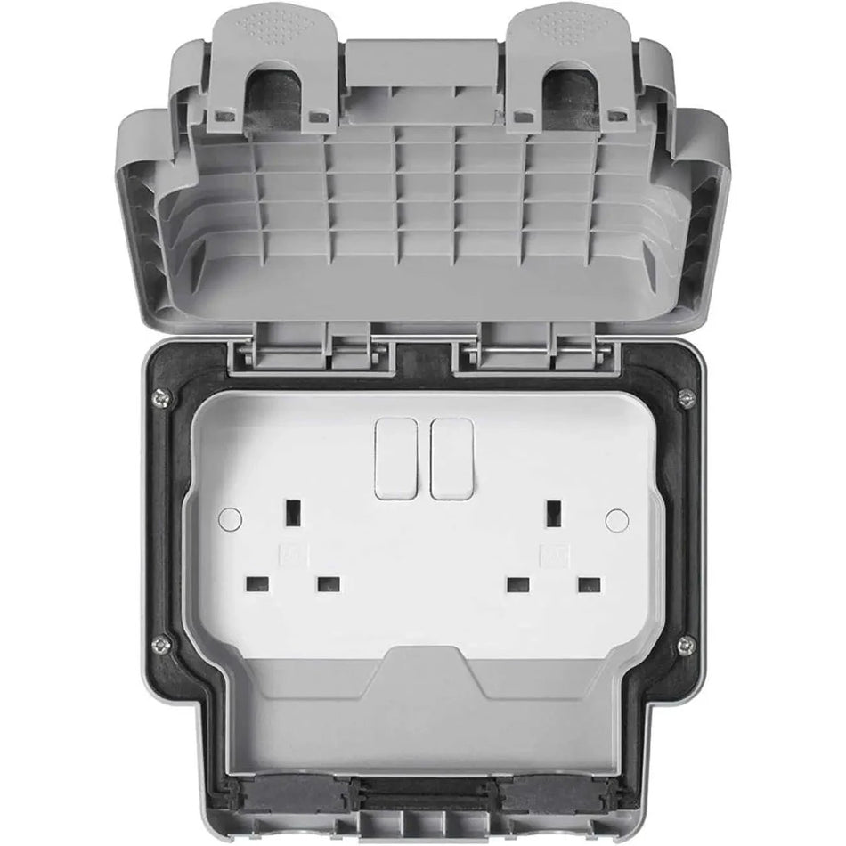 MK Electric Masterseal Plus K56482GRY 13A 2-Gang Switched Weatherproof Wall Socket with hinged cover UAE